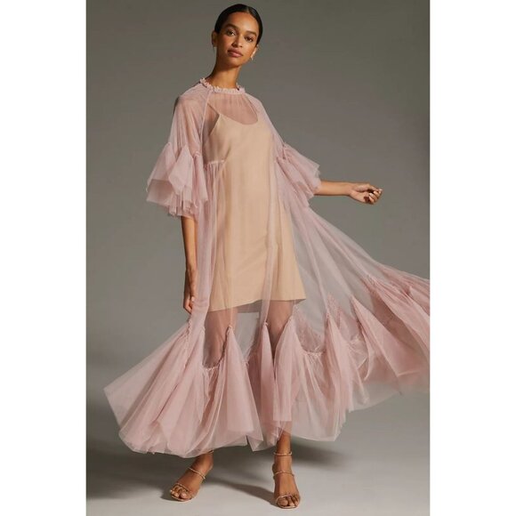 NWT Anthropologie Maeve Glamorous Tulle Maxi in Dusty Rose Pink Sheer Dress O/S - Picture 1 of 9